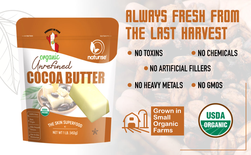Raw Organic Unrefined Cocoa Butter from Peru - Moisturizer for Hair, Skin & DIY Lip Balm - 1lb