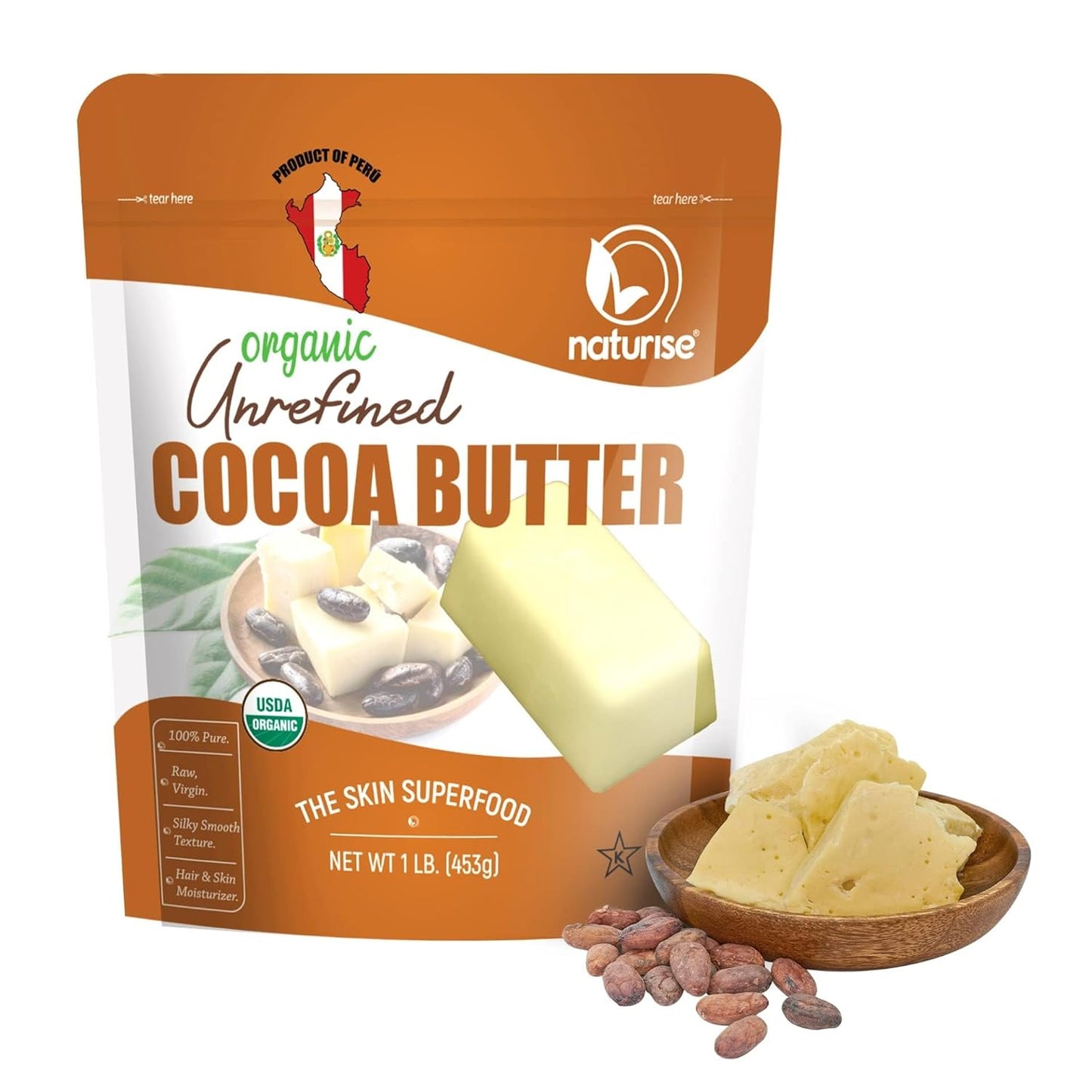 Raw Organic Unrefined Cocoa Butter from Peru - Moisturizer for Hair, Skin & DIY Lip Balm - 1lb