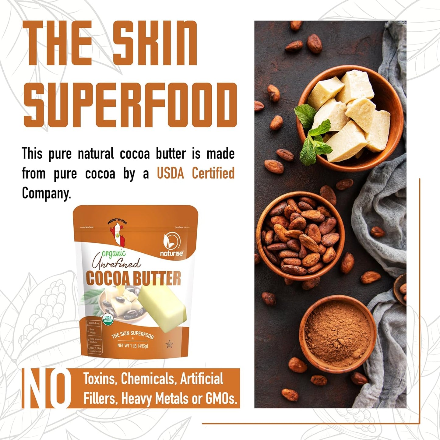 Raw Organic Unrefined Cocoa Butter from Peru - Moisturizer for Hair, Skin & DIY Lip Balm - 1lb